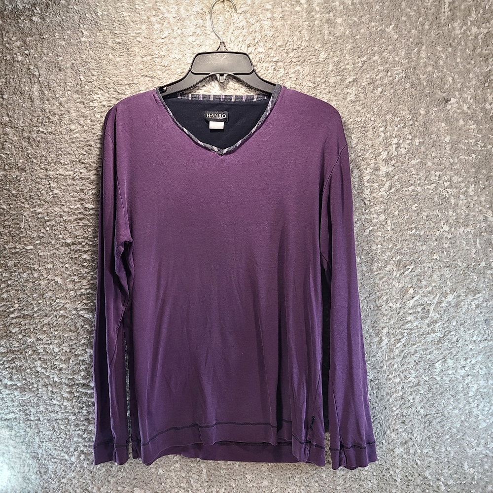 Hanro Of Switzerland Mens Small Purple Cotton‎ Long Sleeve V-Neck T-Shirt READ